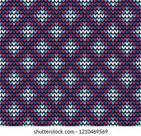 Abstract red and blue seamless knitting pattern with rhombus background