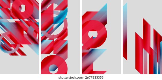Formas abstratas vermelhas e azuis formam letras. Design moderno, padrões geométricos, cores vibrantes, ilustração digital.