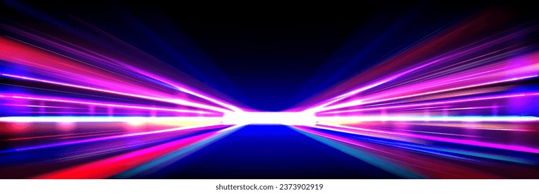 Abstract red and blue speed line night effect vector background. Dynamic road color trail. Internet data long streak graphic pattern. Highway exposure quick move bright tail cyber banner concept