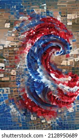 Abstract red and blue storm, mosaic. Illustration of a storm, tense turbulent situation, aggressive policy, revolution, patriotism. Geometric pattern in the form of a wave, swirl.