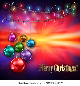 Abstract red blue sunrise background with Christmas lights and decorations