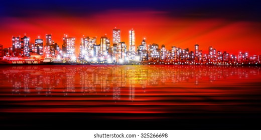 abstract red blue sunset background with silhouette of city vector illustration
