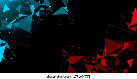 Abstract red & blue technology concept design in dark background. Molecules technology with polygonal shapes, connecting dots and lines. Connection structure. Big data visualization.