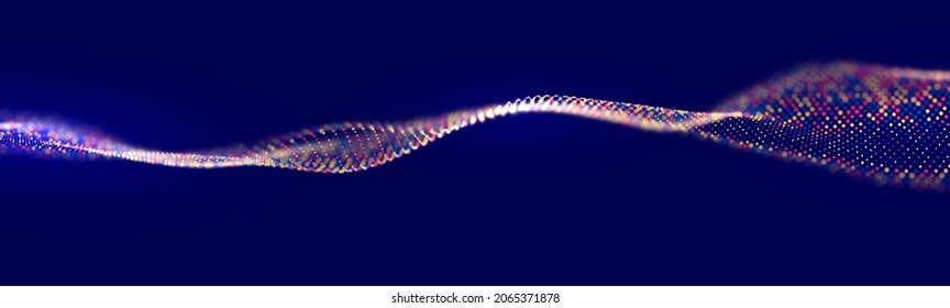 Abstract red blue and yellow particle background. Flow wave with dot landscape. Digital data structure. Future mesh or sound grid. Pattern point visualization. Technology vector illustration.