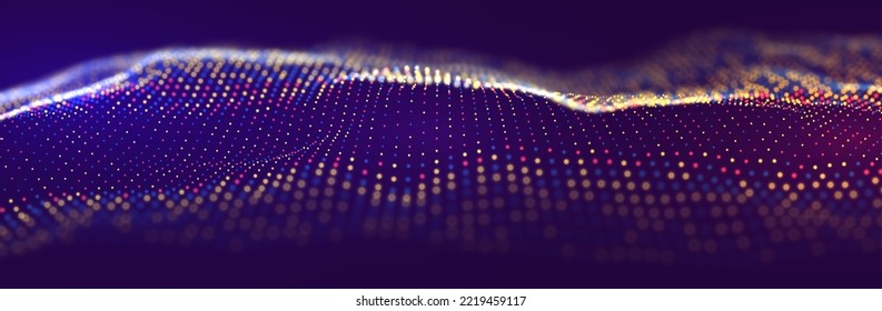 Abstract red blue and yellow particle background. Flow wave with dot landscape. Digital data structure. Future mesh or sound grid. Pattern point visualization. Technology vector illustration.
