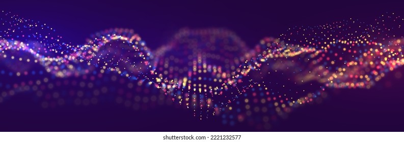 Abstract red blue and yellow particle background. Flow wave with dot landscape. Digital data structure. Future mesh or sound grid. Pattern point visualization. Technology vector illustration.