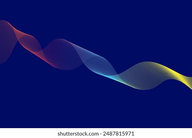 Abstract red, blue, yellow particle wave line on dark blue background. Wave line gradient futuristic background. Vector modern digital gradient wave.