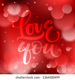 Abstract red bokeh background with Love you handwrite modern calligraphy