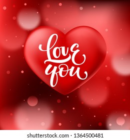 Abstract red bokeh background with smooth realistic heart and Love you handwrite modern calligraphy