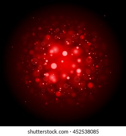 Abstract red bokeh lights and sparkles. Isolated on a black background. Empty space for text. Detailed vector illustration. 