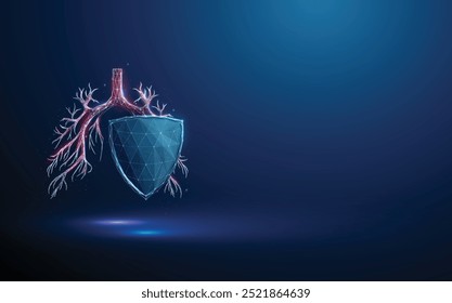 Abstract red bronchial tree behind the futuristic blue guard shield. Lungs protection. Healthcare medical concept. Low poly style. Geometric background. Wireframe connection structure. Vector.