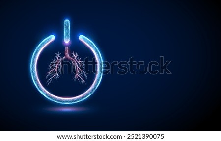 Abstract red bronchial tree inside a power button. Human health protection concept Low poly futuristic digital technology neon style. Geometric background. Wireframe light structure 3d graphic. Vector