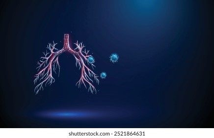 Árbol bronquial rojo Abstractas con virus en el exterior. Enfermedades respiratorias y pulmonares virales, concepto médico de protección de la salud Estilo de tecnología futurista de baja poli Vector de fondo geométrico de estructura metálica.