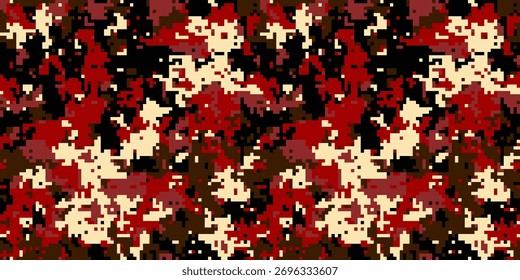 Abstract red, brown, and beige digital camouflage pattern.  Perfect for backgrounds, textiles, or militarythemed designs.  This pixelated texture offers a modern, bold aesthetic.