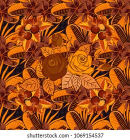 Abstract red, brown and orange english roses seamless pattern.