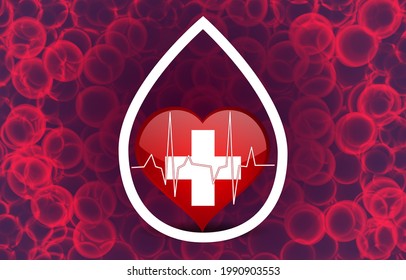 Abstract red bubble blood cells type O, blood drop, heartbeat blood donation day background. Basic RGB