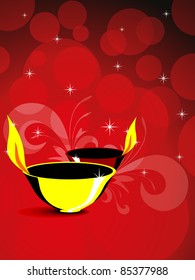 abstract red bubbles, floral & twinkle star background with set of  burning diya vector for deepawali & other indian festival celebration