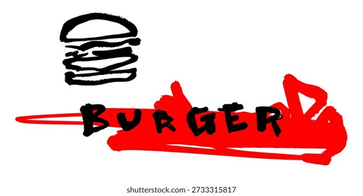Abstract red burger logo with hand drawn brush strokes. Urban street art style hamburger vector illustration for fast food branding, cafe signage, and modern restaurant labels.