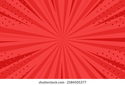 Abstract red burst background with radial lines and halftone dots, creating a dynamic comic-style effect. Suitable for energetic designs