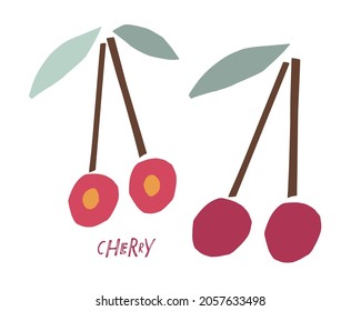 Abstract red cherry fruit with leaves, childish hand drawn doodle sketch isolated on white background. Flat vector illustration Food template for menu, berry juice label, postcards, nursery design