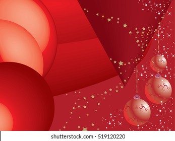 Abstract red Christmas background with baubles and snowflakes.