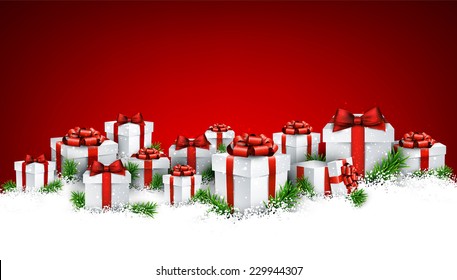 Abstract red christmas background with fir branches and realistic gift boxes. Vector illustration. 