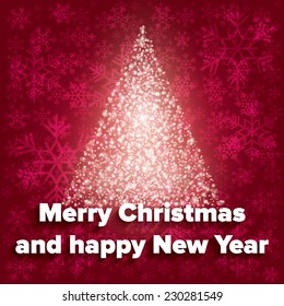 Abstract red Christmas Background with glowing tree. Merry Christmas card.