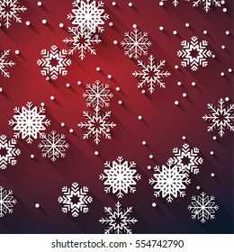 abstract red christmas background template with falling white snowflakes, flat shadow effect