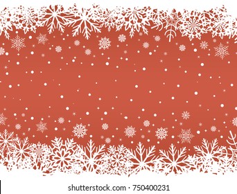 Abstract red Christmas background with white snowflake borders and copy space in the center. Vector illustration.