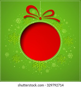 Abstract red Christmas balls cutted from paper on green background. Vector eps10 illustration