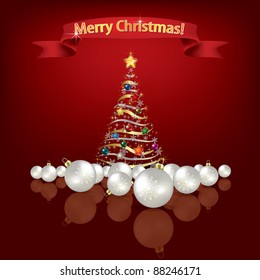 Abstract red Christmas greeting with tree and decorations