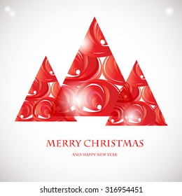 Abstract red christmas tree card. Christmas Tree from abstract transparent elements. Christmas card design. Christmas poster, t-shirt or web design with red fir tree
