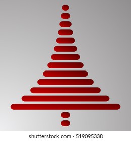 Abstract red christmas tree consist of rectangles with rounded corners on grey gradient background. Embossed Christmas tree to metal background. Greeting card.