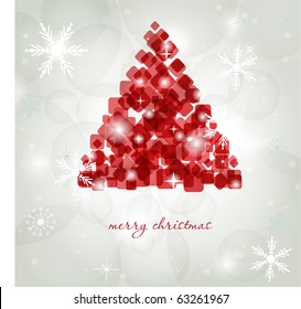 Abstract red christmas tree from transparent cube and square elements. Card, poster, t-shirt or web design