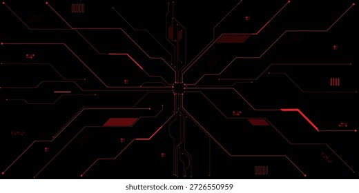 Abstractas placa de circuito rojo sobre un fondo tecnológico oscuro.