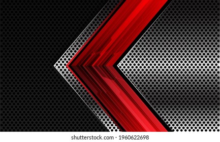 Abstract red circuit cyber arrow direction on silver black metallic circle mesh pattern design modern luxury futuristic technology background vector illustration.
