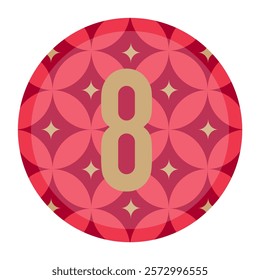 Abstract Red Circular Design with Bold Gold Number 8 and Star Patterns