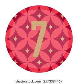 Abstract red circular design with a bold gold number 7 in the center, surrounded by floral and star-inspired patterns, perfect for creative digital and branding projects.