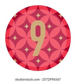 Abstract Red Circular Design Featuring Bold Gold Number 9 and Star-Inspired Elements