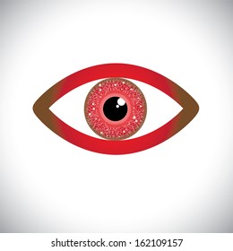 abstract red color human eye sign with circuit in iris. The vector graphic represents concept of futuristic, robot like, modern eye with vision of hitech future