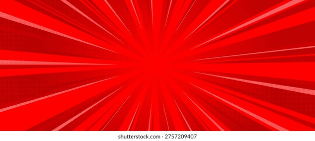 Abstract Red Comic Book Style Sunburst Background with Dynamic Speed Lines and Halftone Dot Pattern, Vibrant Retro Manga Backdrop for Superhero Promotion and Sale Banner Design