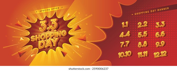 Abstract Red Comic Boom labels Triangle Sign, Shopping Day Sale Banner Template Design, Shopping Day Promotion of every month, Calendar Shopping festival. Numbers 1, 2, 3, 4, 5, 6, 7, 8, 9, 10, 11, 12