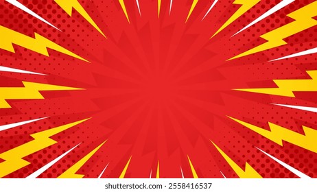 Abstract red comic lightning effect background with halftone. Pop art comic-style vector background. Suitable for templates, sale banners, events, ads, web and pages