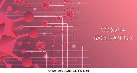 Abstract red coronavirus and glowing linear pattern background with copy space. Modern technology and polygonal geometric design for presentation template. 