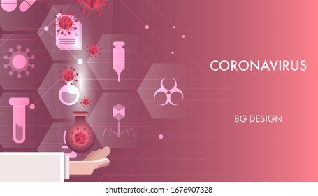 Abstract red coronavirus with scientist's hand and glowing medical icon background. Template for presentation, banner or backdrop.