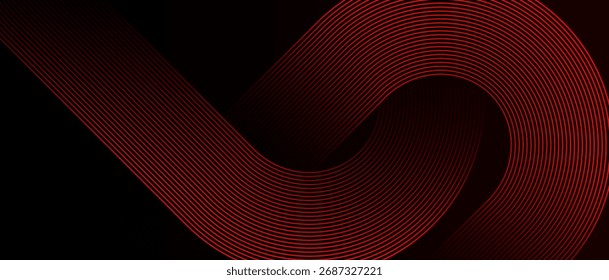 Padrão abstrato de linha curva vermelha sobre fundo preto, design moderno de onda futurista, conceito geométrico mínimo para tecnologia, digital ou tema de luxo.
