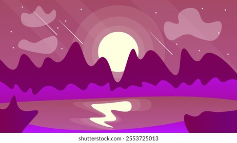 Abstract Red Dark Landscape Background Banner Mountains Sunset Lake Stars  Night Sky Vector Design