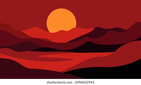 Abstract red desert landscape with sand hills. Bohemian aesthetic nature scenery with mountain and sun. Vector boho background