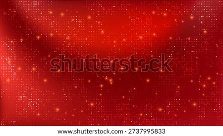 Abstract red digital background. Soft gradient pixel mosaic pattern. Glowing golden particles, sparkling light effects. Festive, elegant and modern backdrop. Vector luxury design.