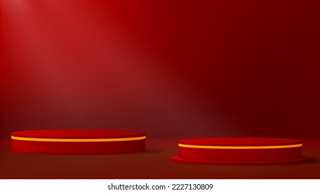 Abstract red display background with 3d render cylinder pedestal podium. Red minimal wall scene for product display presentation. Geometric stage platform vector